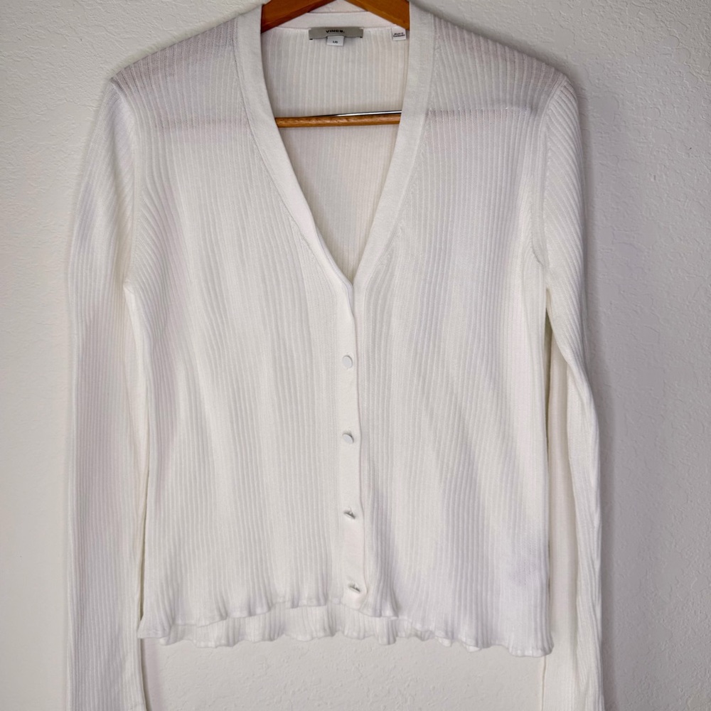 Vince Ribbed Cotton Cardigan Sweater V-Neck - Picture 3 of 11